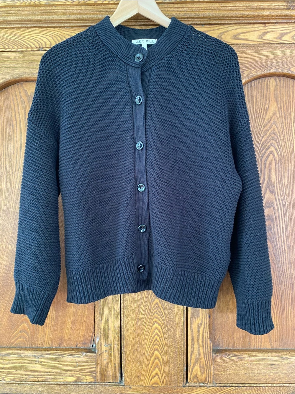 Alex Mill Nico cardigan sweater L black cotton horizontal rib knit buttons